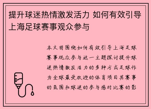 提升球迷热情激发活力 如何有效引导上海足球赛事观众参与