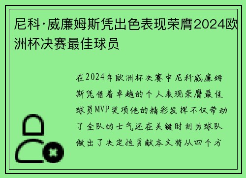尼科·威廉姆斯凭出色表现荣膺2024欧洲杯决赛最佳球员 尼科·威廉姆斯凭出色表现荣膺2024欧洲杯决赛最佳球员