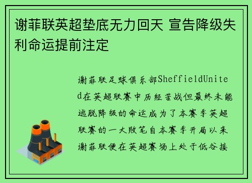谢菲联英超垫底无力回天 宣告降级失利命运提前注定 谢菲联英超垫底无力回天 宣告降级失利命运提前注定