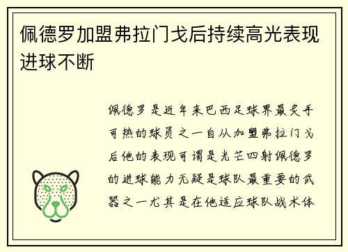 佩德罗加盟弗拉门戈后持续高光表现进球不断